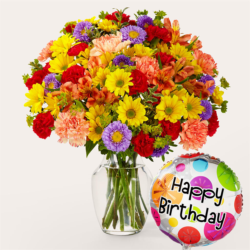 Kaleidoscope Bouquet with Birthday Balloon – James Floral Shoppe, Wilkinsburg PA
