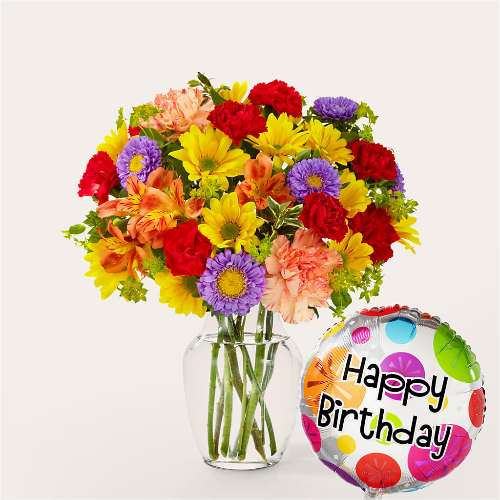 Kaleidoscope Bouquet with Birthday Balloon – James Floral Shoppe, Wilkinsburg PA