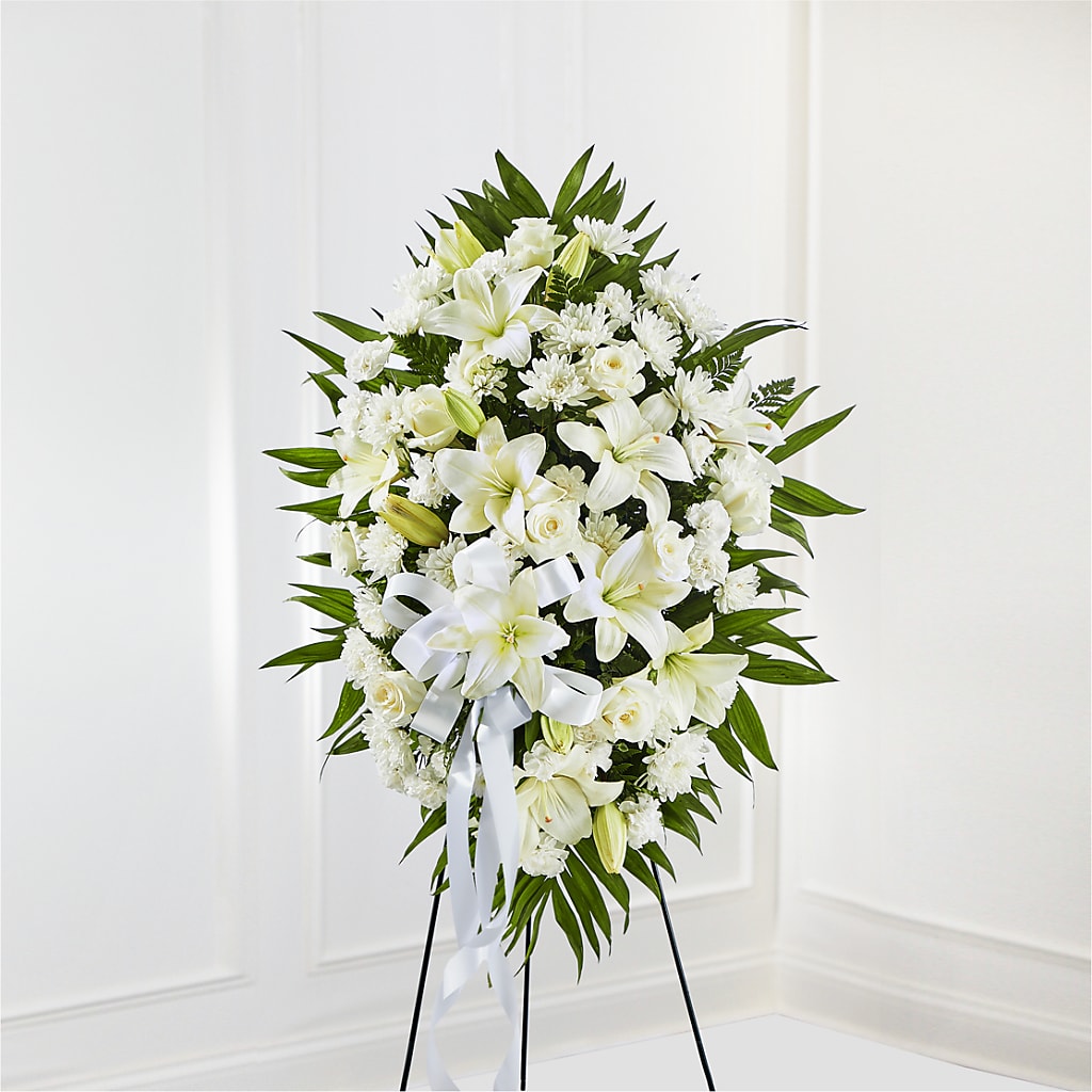 Exquisite Tribute Standing Spray-White Ribbon – James Floral Shoppe, Wilkinsburg PA